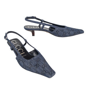 GUCCI Blue Denim GG Crystal Monogram Demi Slingback Pump Women's EU 38 / US 8